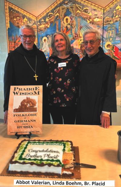 Brother Placid with Abbot Valerian Odermann and Linda Boehm.