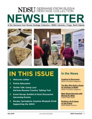 "Cover of the GRHC Newsletter. Includes a picture of people viewing an exhibit and a picture of sliced kuchen on plates."