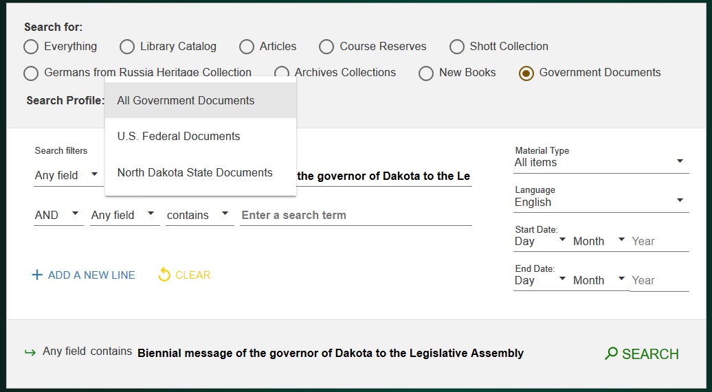 screen shot showing the advanced search. location of the Government Documents button and options