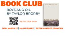 Book club discussion for the book 'Boys and Oil' by Taylor Brorby